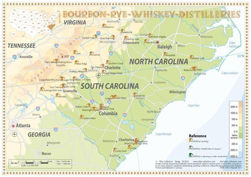 Whiskey Distilleries North and South Carolina - Tasting Map 34x24cm