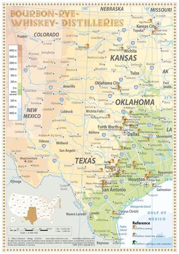 Whiskey Distilleries Texas, Oklahoma and Kansas - Tasting Map 24x34cm