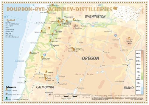 Whiskey Distilleries Oregon - Tasting Map 34x24cm